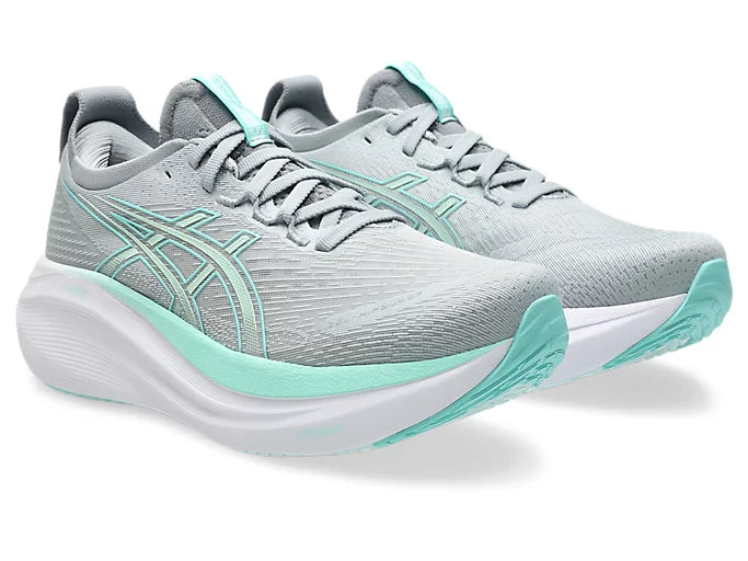 Womens ASICS Gel Nimbus 27 Wide - Piedmont Grey/Illuminate Mint